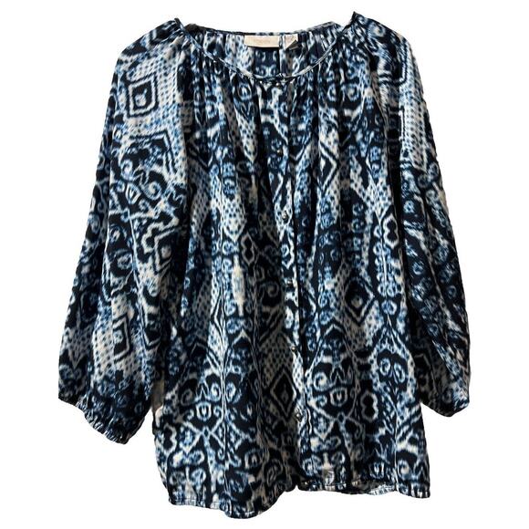 CHICO'S chicos Size 2 Large IKAT SCOOP NECK FRONT PEASANT boho bohemian blue - Picture 1 of 13